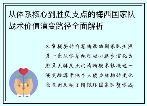 从体系核心到胜负支点的梅西国家队战术价值演变路径全面解析 从体系核心到胜负支点的梅西国家队战术价值演变路径全面解析