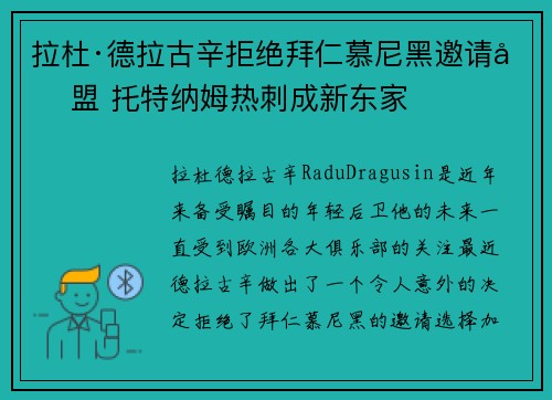拉杜·德拉古辛拒绝拜仁慕尼黑邀请加盟 托特纳姆热刺成新东家 拉杜·德拉古辛拒绝拜仁慕尼黑邀请加盟 托特纳姆热刺成新东家